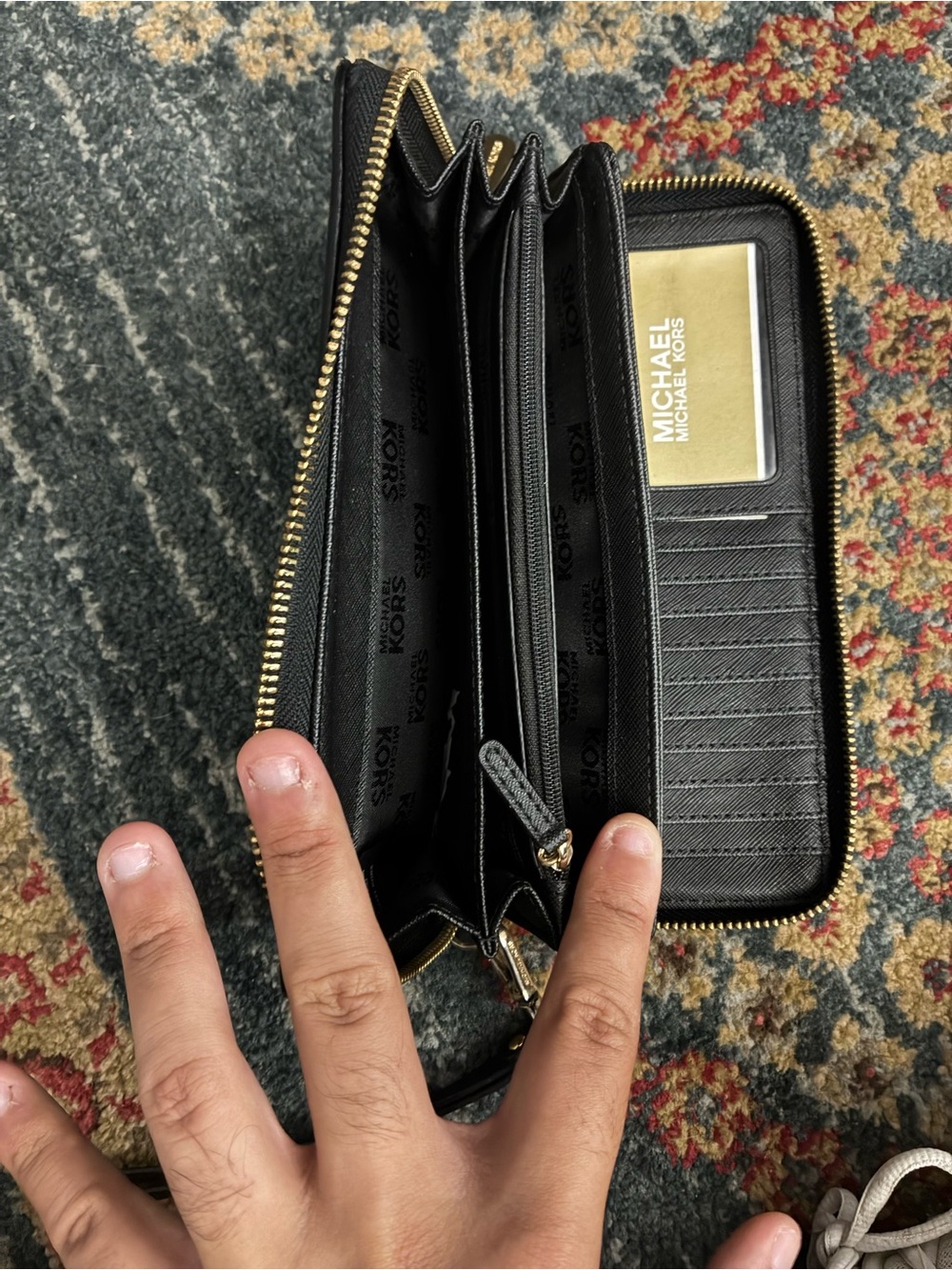 Michael Kors Black MK Logo Zip-Around Wristlet Wallet with Gold Plaque - Picture 5 of 6